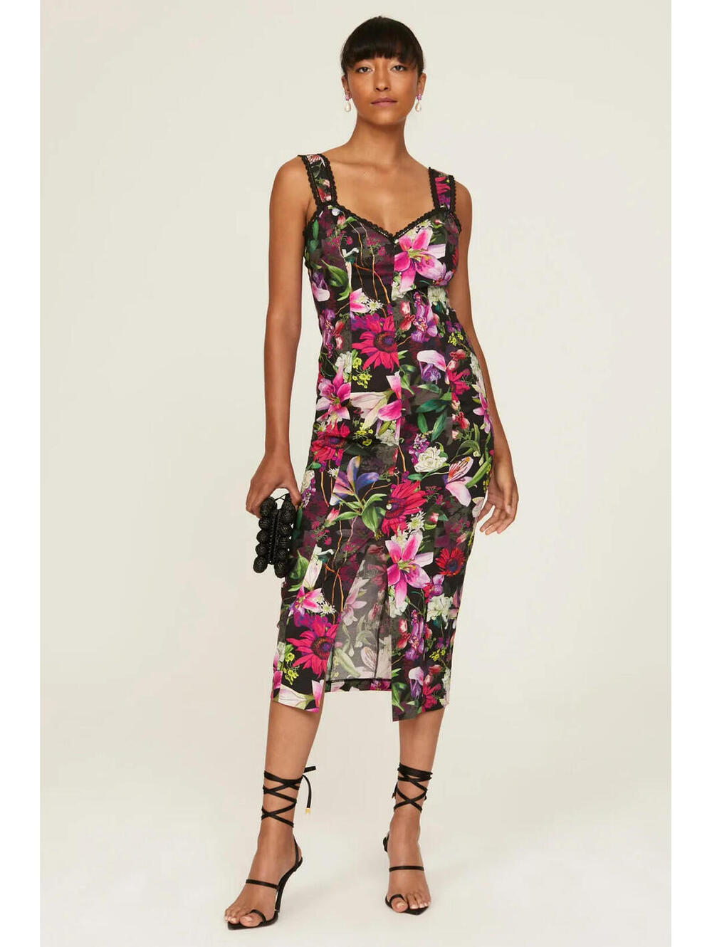 Floral Lace-Trim Midi Dress in Black and Pink